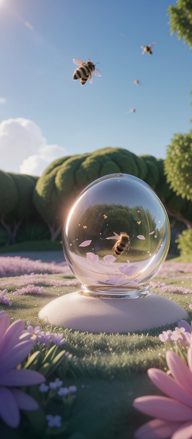 there is a bee flying over a field of flowers with a bee, a 3D render by jeonseok lee, trending on polycount, conceptual art, cute 3 d render, soft 3d render, cute! c4d, stylized as a 3d render, stylized 3d render, adorable digital painting, cute detailed digital art, 3 d bee (photo realistic:1.4), surrealism, dream-like, ((abstract art)), vector arts,) (8k, RAW photo, best quality, masterpiece:1.2, Sharp image, vector) (dynamic angle:1.1), outline, ((thick lineart)), cover, stylish, official art, (details:1.2), (fantasy), garden, (bloom:1.1), glow:0.2, shadow, nature, flower, splash water, crystal, snowflakes, particles, bokeh, anamorphic light (depth of field), sharp focus, (volumetric lighting), (bokeh:0.6), film grain:0.4, (soft lighting:1.1) | high-quality, ultra-detailed illustrations, ultra-high resolution, (high resolution,overwhelmingly pixel-perfect,luxurious illustration), (Ultra Quality, Masterpiece, Ethereal:1.4) photorealistic:.1.4, UHD (8k, RAW photo, best quality, masterpiece:1.2)