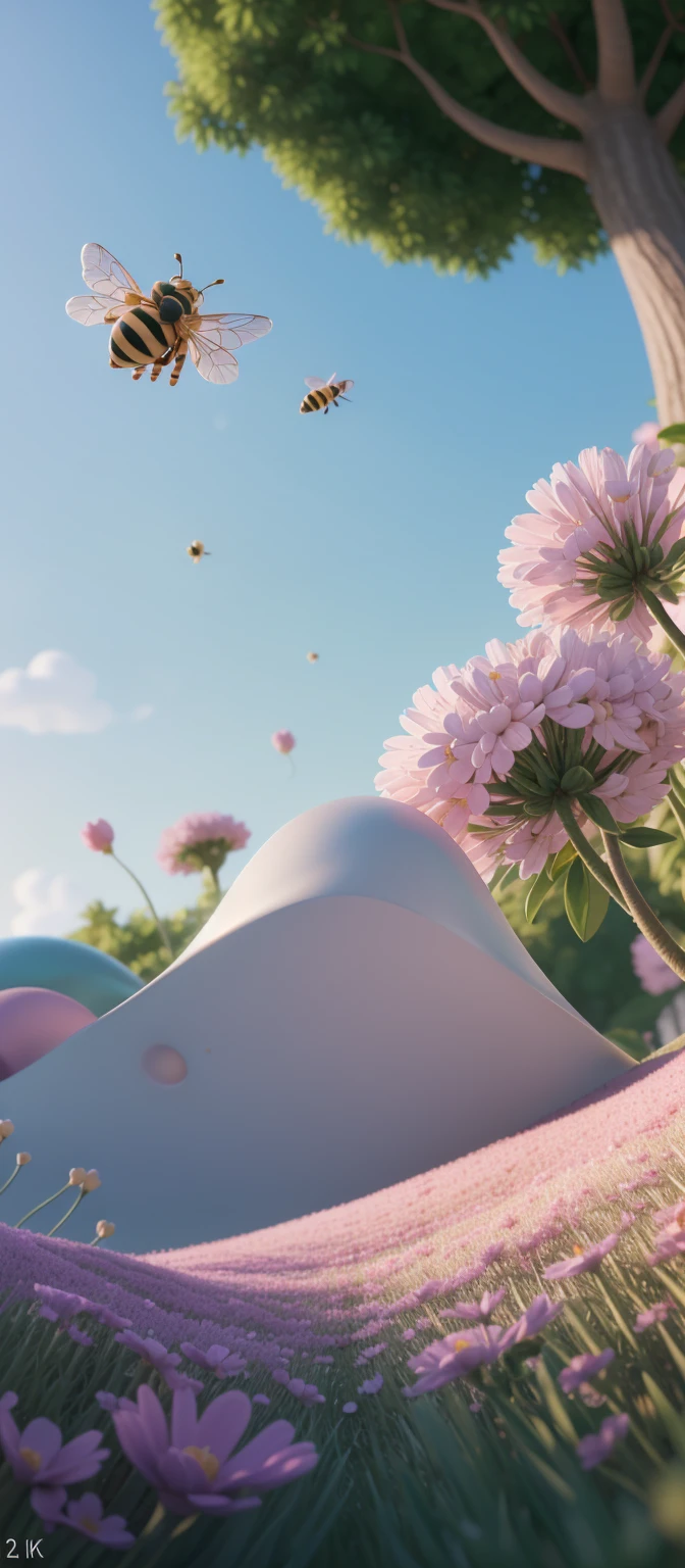 there is a bee flying over a field of flowers with a bee, a 3D render by jeonseok lee, trending on polycount, conceptual art, cute 3 d render, soft 3d render, cute! c4d, stylized as a 3d render, stylized 3d render, adorable digital painting, cute detailed digital art, 3 d bee (photo realistic:1.4), surrealism, dream-like, ((abstract art)), vector arts,) (8k, RAW photo, best quality, masterpiece:1.2, Sharp image, vector) (dynamic angle:1.1), outline, ((thick lineart)), cover, stylish, official art, (details:1.2), (fantasy), garden, (bloom:1.1), glow:0.2, shadow, nature, flower, splash water, crystal, snowflakes, particles, bokeh, anamorphic light (depth of field), sharp focus, (volumetric lighting), (bokeh:0.6), film grain:0.4, (soft lighting:1.1) | high-quality, ultra-detailed illustrations, ultra-high resolution, (high resolution,overwhelmingly pixel-perfect,luxurious illustration), (Ultra Quality, Masterpiece, Ethereal:1.4) photorealistic:.1.4, UHD (8k, RAW photo, best quality, masterpiece:1.2)