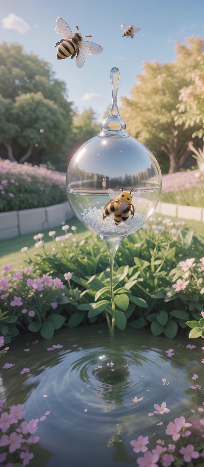 there is a bee flying over a field of flowers with a bee, a 3D render by jeonseok lee, trending on polycount, conceptual art, cute 3 d render, soft 3d render, cute! c4d, stylized as a 3d render, stylized 3d render, adorable digital painting, cute detailed digital art, 3 d bee (photo realistic:1.4), surrealism, dream-like, ((abstract art)), vector arts,) (8k, RAW photo, best quality, masterpiece:1.2, Sharp image, vector) (dynamic angle:1.1), outline, ((thick lineart)), cover, stylish, official art, (details:1.2), (fantasy), garden, (bloom:1.1), glow:0.2, shadow, nature, flower, splash water, crystal, snowflakes, particles, bokeh, anamorphic light (depth of field), sharp focus, (volumetric lighting), (bokeh:0.6), film grain:0.4, (soft lighting:1.1) | high-quality, ultra-detailed illustrations, ultra-high resolution, (high resolution,overwhelmingly pixel-perfect,luxurious illustration), (Ultra Quality, Masterpiece, Ethereal:1.4) photorealistic:.1.4, UHD (8k, RAW photo, best quality, masterpiece:1.2)