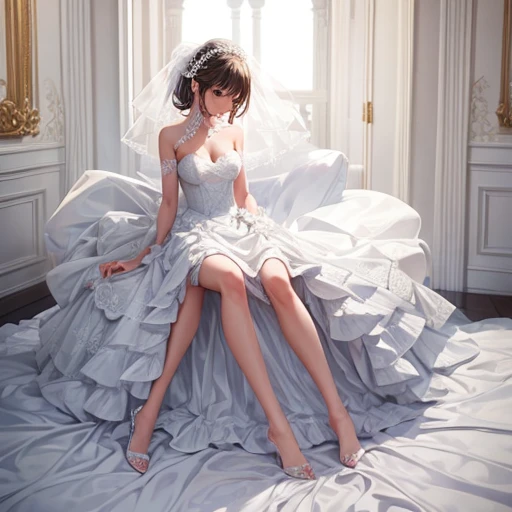 girl, Wearing a wedding dress, White Wedding Dress, Full body painting, slim, Long legs
