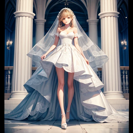 girl, Wearing a wedding dress, White Wedding Dress, Full body painting, slim, Long legs