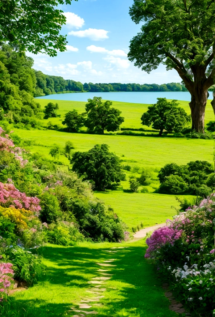Landscape of a green meadow, flower path and large tree, beautiful on one side and in the background you can see a lake with crystal clear water and colorful fish