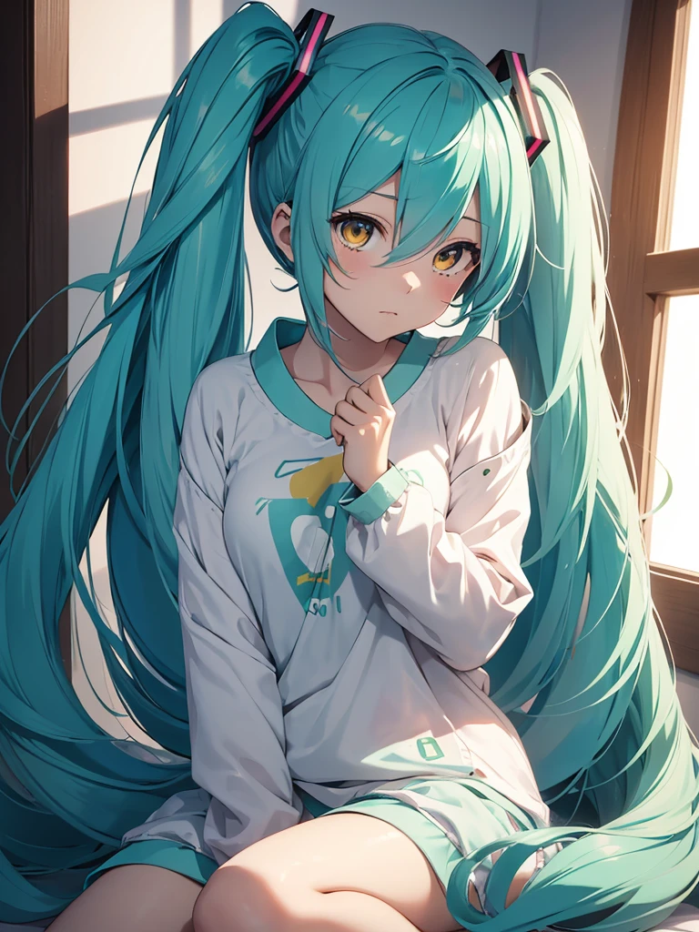 hatsune miku, wake up, pijama, yellow eyes