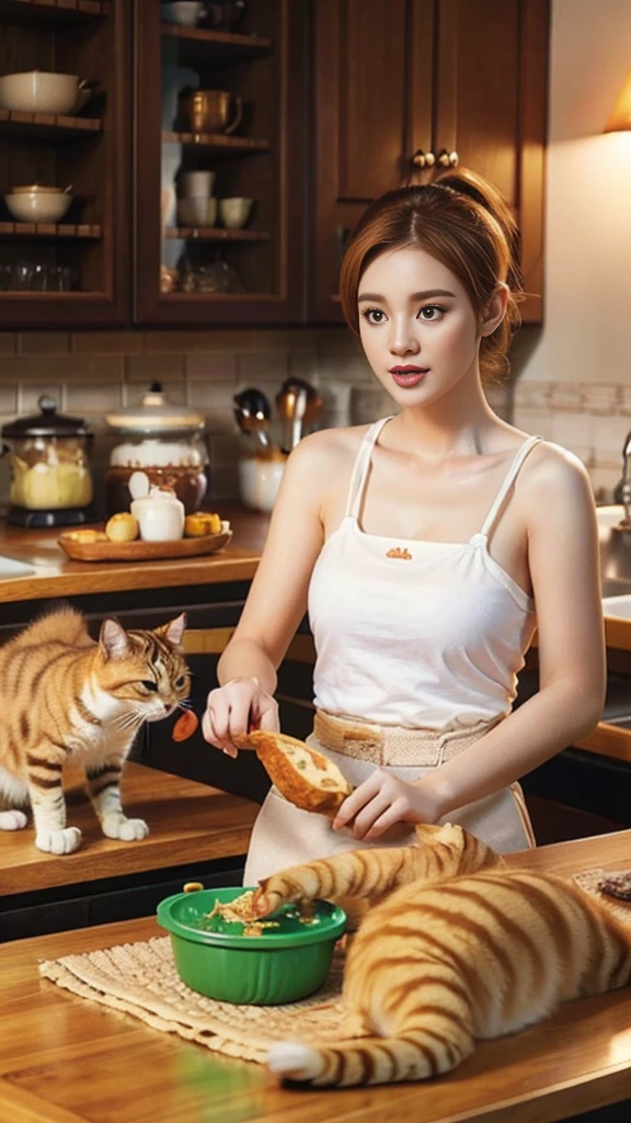 there are two cats that are eating food on the counter, with photorealistic lighting, with garfield the cartoon cat, photorealistic screenshot, high quality photorealism, photo realistic style, hyper realistic content, food commercial 4 k, snapchat photo, a photorealistic rendering, hyperreal rendering, photo realistic image, realistic 3 d style, photorealistic picture, ginger cat in mid action