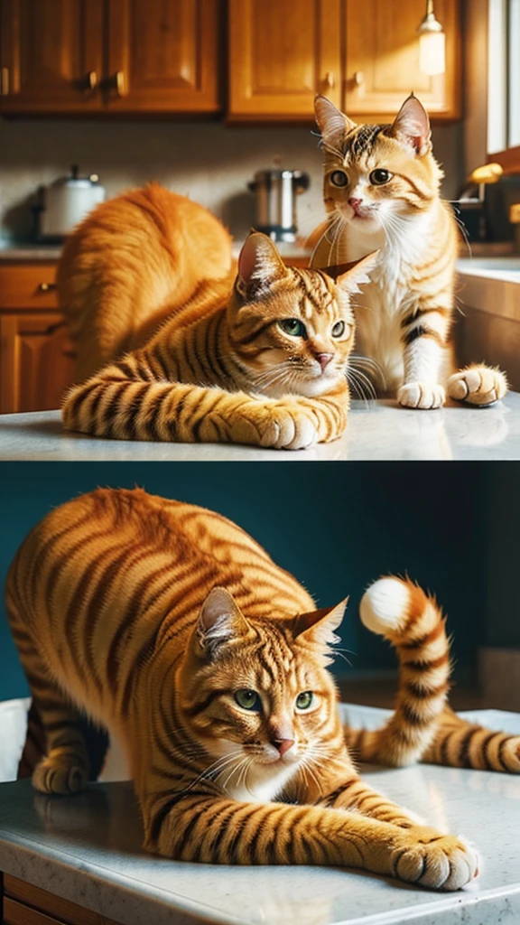 there are two cats that are eating food on the counter, with photorealistic lighting, with garfield the cartoon cat, photorealistic screenshot, high quality photorealism, photo realistic style, hyper realistic content, food commercial 4 k, snapchat photo, a photorealistic rendering, hyperreal rendering, photo realistic image, realistic 3 d style, photorealistic picture, ginger cat in mid action