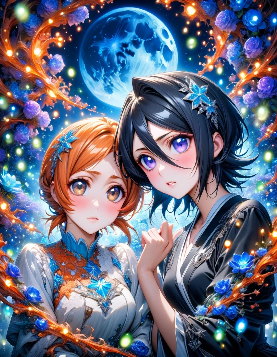 absurdres, highres, ultra detailed, HDR, masterpiece, Kuchiki Rukia, black hair, expressive purple eyes, Bleach, Inoue Orihime, long orange hair, expressive brown eyes, two women together, beautiful, black clothes, white clothes, magical, fantasy, blue moon, starry, blue fireflies, blue flowers