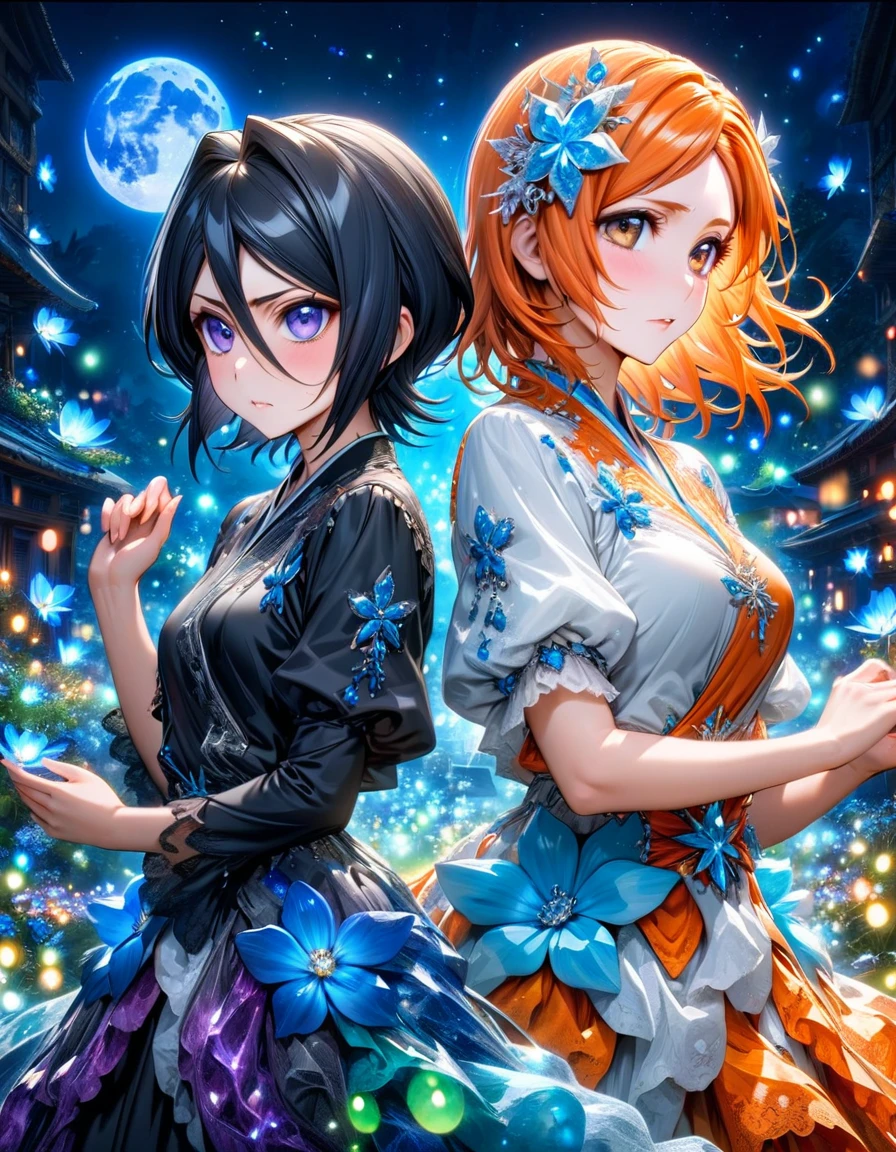 ichikanakao Nakano Ichika Sunset Best quality Masterpiece Alone Close-up of face Cute Kawaii Anime Older sister Blackhair Bluehair Dark blue gradient hair Blue tips Blue highlights Blue mesh hair Blue lowlight hair Smooth hair Pale skin Beautiful skin like porcelain Blue and pink eyes Blue eyes Pink eyes Large eyes Slanted eyes Detailed eyes with attention to detail White off-shoulder Blue choker Fireworks Train Close-up of face Close-up of upper body Up-front、