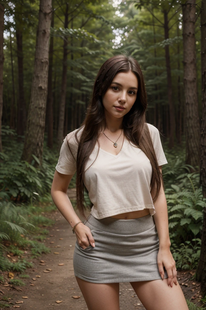 1girl in, 30 years old, Square face, Long hair, Looking at viewer, jewelry, Reality, Sexy, Short skirt outfit, , forest background, free pose