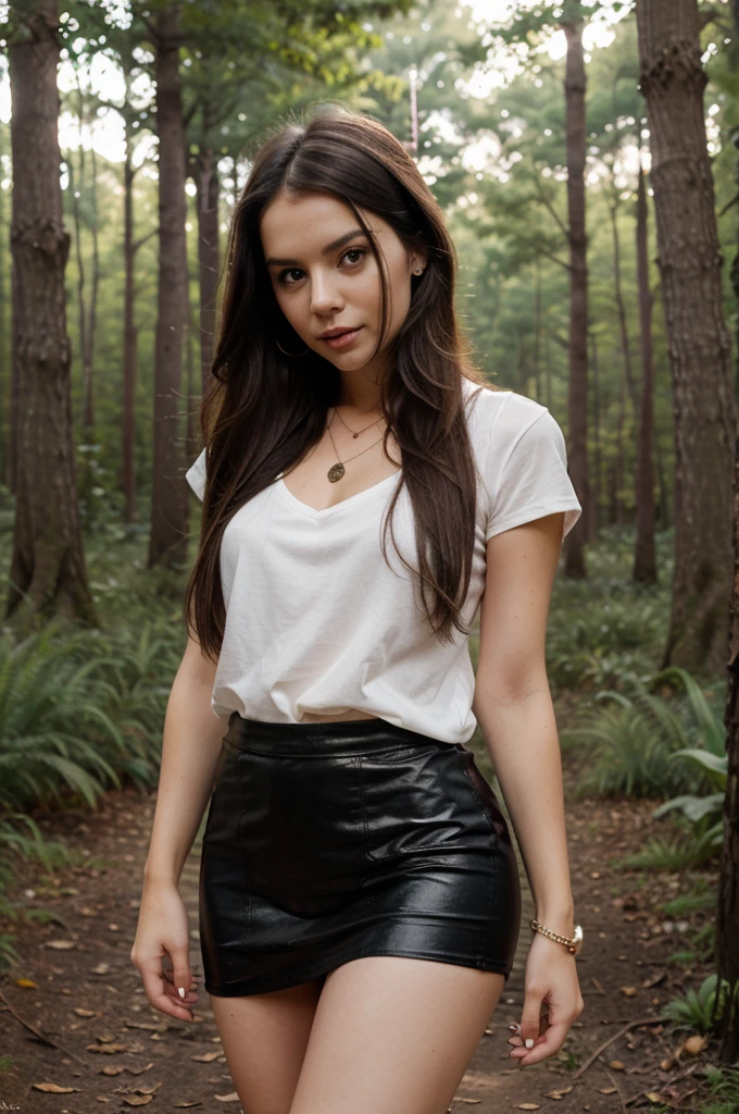 1girl in, 30 years old, Square face, Long hair, Looking at viewer, jewelry, Reality, Sexy, Short skirt outfit, , forest background, free pose