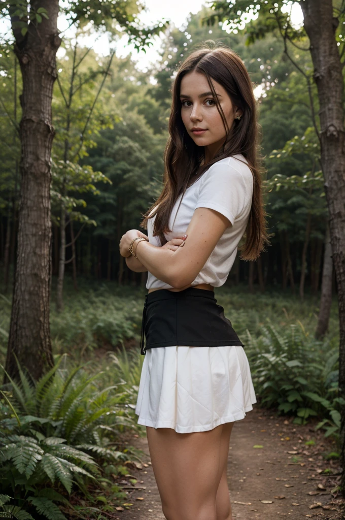 1girl in, 30 years old, Square face, Long hair, Looking at viewer, jewelry, Reality, Sexy, Short skirt outfit, , forest background, free pose