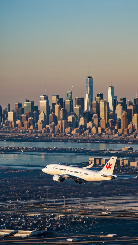 A commercial airplane taking off from LaGuardia Airport in New York City on a clear winter morning.