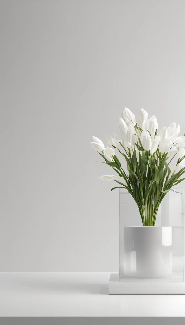 Create a hyper-realistic image of a minimalistic product background in a pristine white color. The background should be perfectly smooth and even, with no visible imperfections or textures. The lighting is soft and diffused, eliminating any harsh shadows while providing gentle highlights to create a sense of depth. The overall aesthetic is clean and modern, with a serene and uncluttered feel. There should be subtle gradients of white to off-white tones to add visual interest without distracting from the product that will be placed in the foreground. Ensure the edges of the background blend seamlessly, maintaining a continuous and unbroken expanse of white. The image should exude a sense of purity and simplicity, ideal for showcasing any product with elegance and clarity