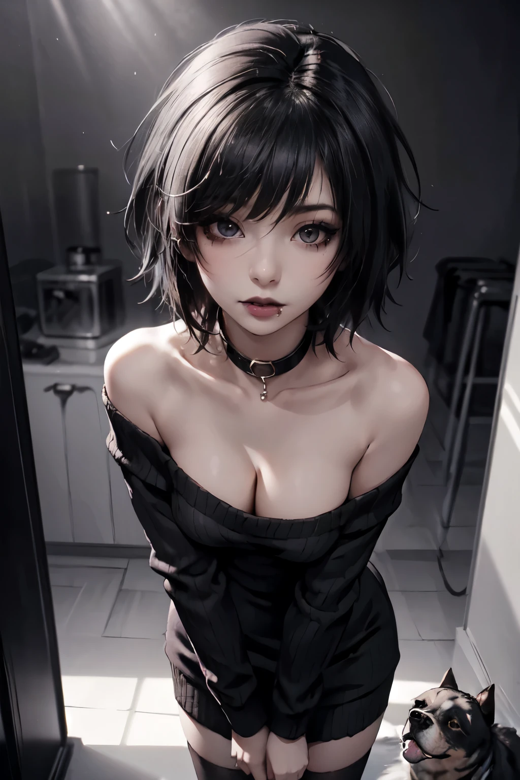 Girl, woman, emo_hairstyle, black lipstick, dog collar, eyeliner, eye shadow, smoky eyes, realistic lighting, short hair, cleavage, standing up, sweater dress, off shoulder, thighighs, strapless.