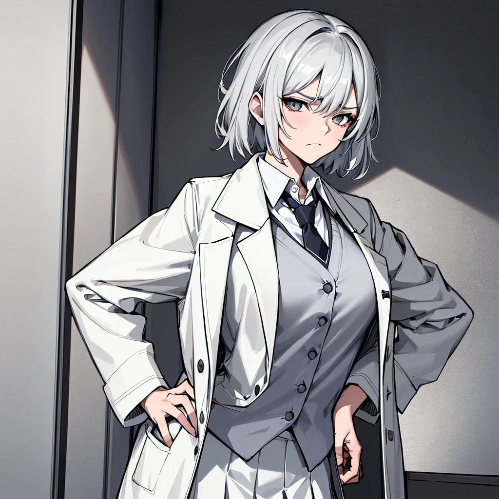 (absurdres, 8k, 4k, masterpiece, hyper extreme detailed:1.2), solo, 1girl, side view, perfect face, 1girl, portrait, looking at viewer, solo, standing, Female, Mature Female, short hair, white hair, white skirt, button shirt, white vest, gray tie, tired, fatigue, annoyed, dissatisfied, arms in front, holding phone in right hand, left hand on hip, bored, science, smart, genius, intelligent, scientist, lab_coat, white labcoat, swept bangs, bored, frown, gray eyes, silver eyes, looking down, lab background, room background, best anatomy, standing, half body,