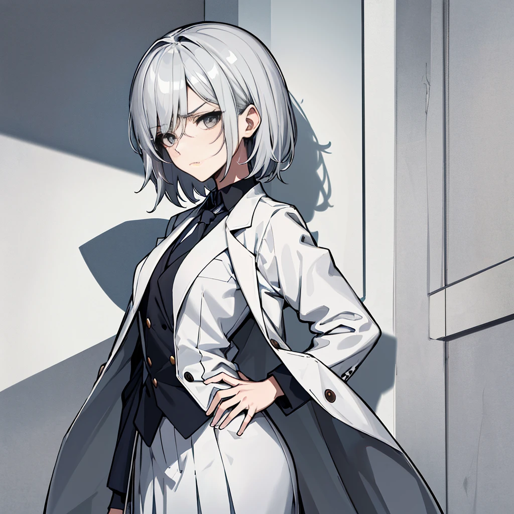 (absurdres, 8k, 4k, masterpiece, hyper extreme detailed:1.2), solo, 1girl, side view, perfect face, 1girl, portrait, looking at viewer, solo, standing, Female, Mature Female, short hair, white hair, white skirt, button shirt, white vest, gray tie, tired, fatigue, annoyed, dissatisfied, arms in front, holding phone in right hand, left hand on hip, bored, science, smart, genius, intelligent, scientist, lab_coat, white labcoat, swept bangs, bored, frown, gray eyes, silver eyes, looking down, lab background, room background, best anatomy, standing, half body,