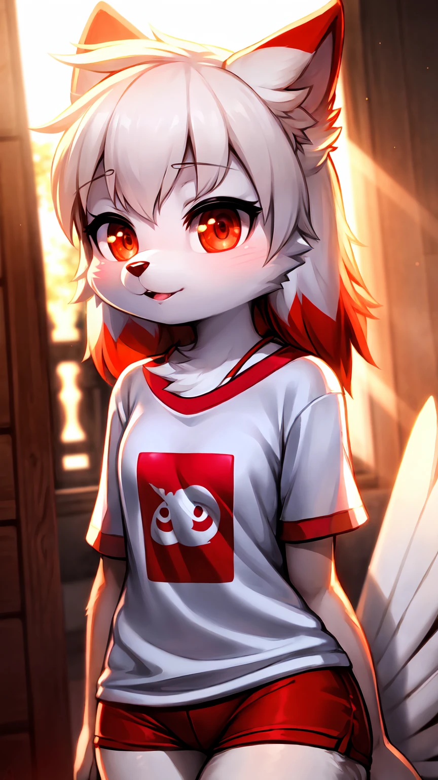 furry, white fur, Extraordinarily cute faces, Red elements on feathers, fluorescent t-shirt, beautiful light and shadow, Ambient light, Extra detailed fur, Volumetric light
