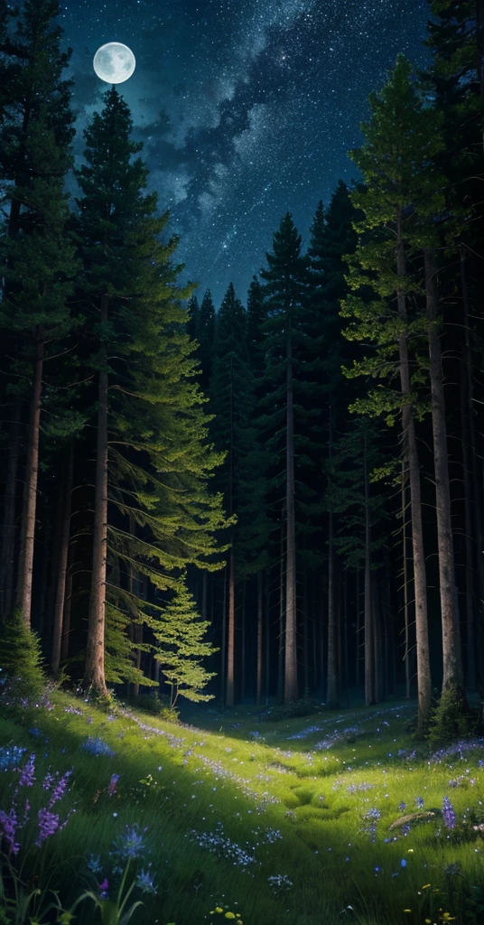 highly detailed, comforting moonlit meadow in a lush forest at night, dark colors, dark peaceful atmosphere, moonlight, night sky, stars, dense old trees, mossy rocks, long grass, wildflowers