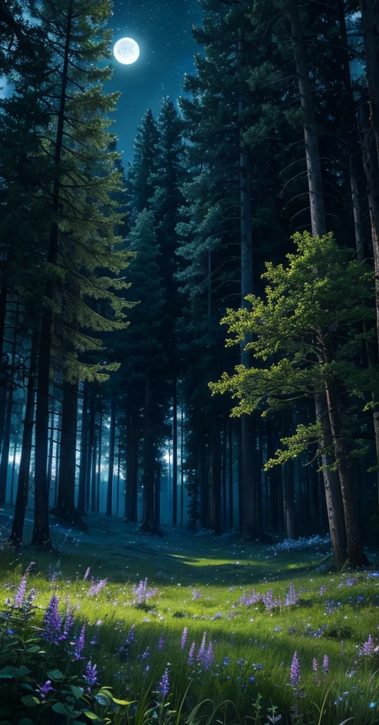 highly detailed, comforting moonlit meadow in a lush forest at night, dark colors, dark peaceful atmosphere, moonlight, night sky, stars, dense old trees, mossy rocks, long grass, wildflowers