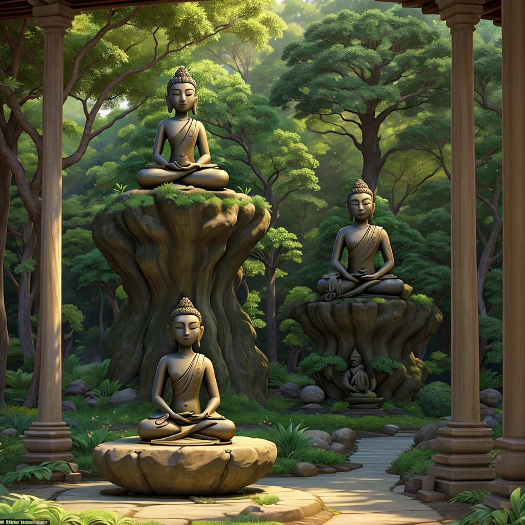 Certainly! Here's an expanded prompt that includes poses, expression, and the surrounding environment:
"Imagine Buddha seated in the Dhyana Mudra, with eyes closed in deep meditation under the Bodhi tree. Capture the tranquility of the moment with a serene expression that radiates inner peace and spiritual insight. Surround Buddha with lush greenery and gentle sunlight filtering through the leaves, symbolizing the nurturing presence of nature during the path to enlightenment. Incorporate subtle details such as the texture of the tree's bark and the delicate balance of light and shadow to evoke a sense of sacredness and harmony. Focus on depicting the stillness and contemplative atmosphere, inviting viewers to connect with the profound wisdom and timeless teachings embodied by Buddha."