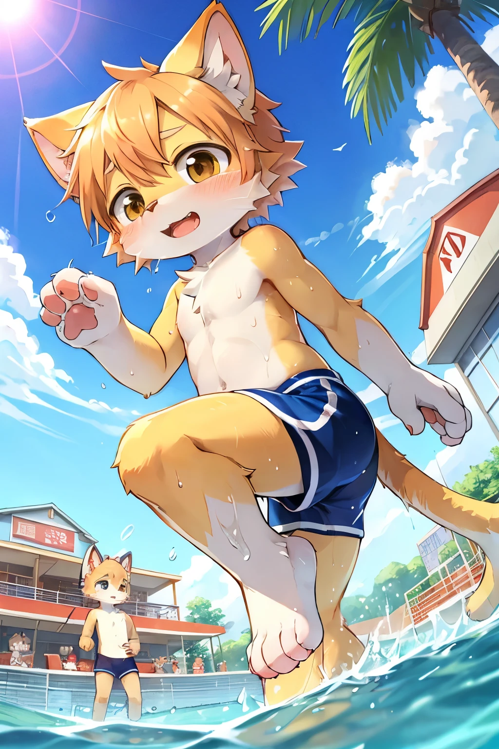 kemoshota, mascot boy, mascot, dynamic angle, white rabbit boy, tail, whiskers, short statue, short height, paws, naked, kindergarten pool, open legs, splashing water, shiny water, water drops, sweat, 