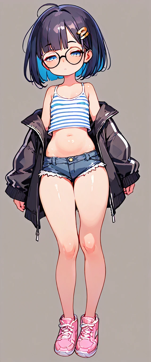 (masterpiece), (best quality), ((ultra-detailed)), (high resolution), (an extremely delicate and beautiful, super fine illustration), official art, BREAK (1girl), (:1.8), (tiny girl:1.6), (8yo)lat chest:1.4), (Plump:1.2), (thick stomach:1.2), (Thick thighs:1.8), (big ass:1.5), erect nipples, Huge areola, large nipples, (long nipples:1.4), erect nipples, oily skin, BREAK droopy eyes, (emerald blue eyes:1.3), (bad mood:1.5), (clear face:1.5), (half closed eyes:2.1), BREAK (bob cut:1.3), tired hair, messy hair, blue colored inner hair, Black hair color, (girl wearing round black glasses), BREAK (blue striped cropped white tank top:1.7), (cropped black jacket:1.6), (micro shorts:1.5), (pink sneakers:1.4), (front view:1.5), full body,