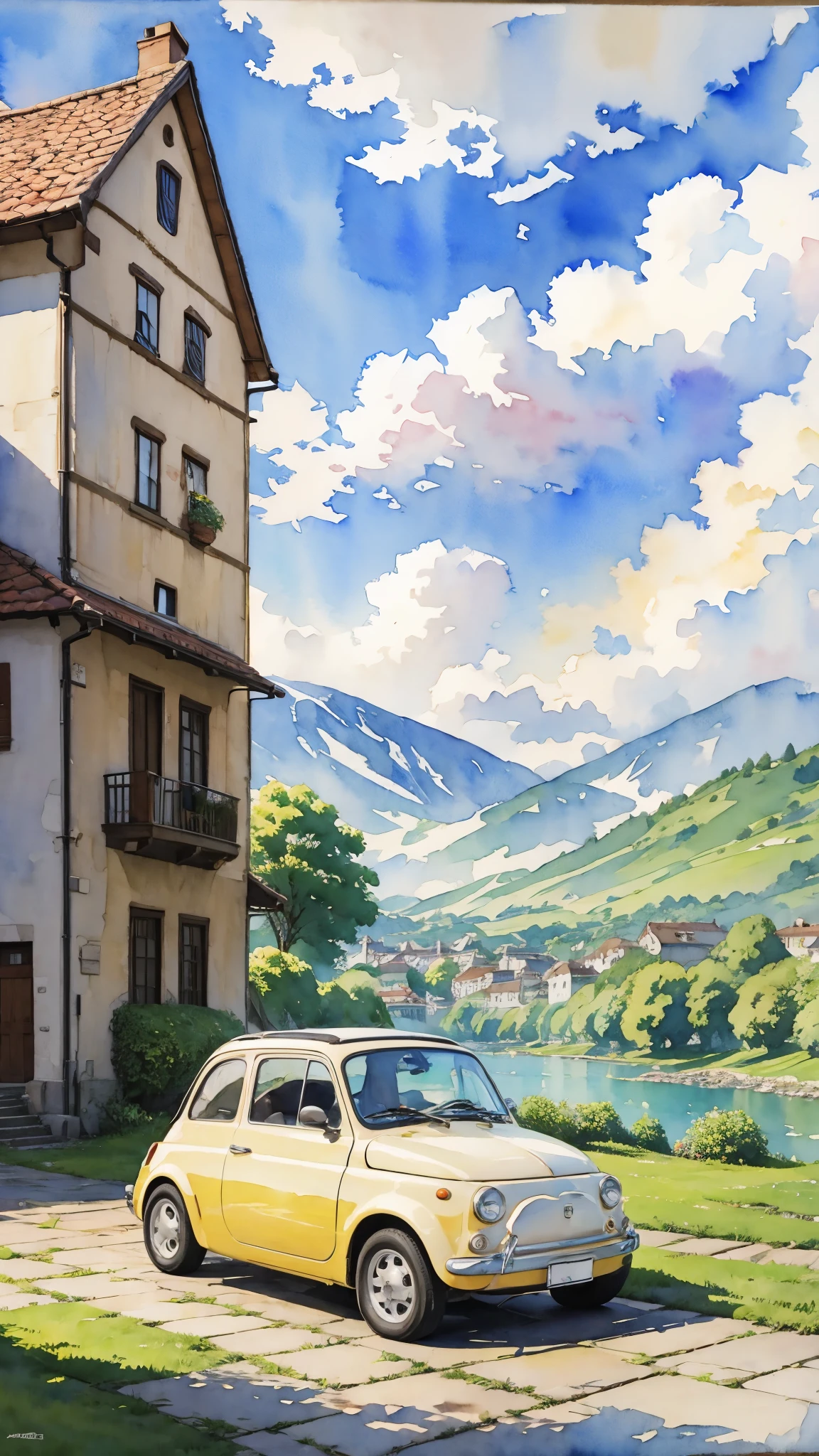 (masterpiece:1.2, Highest quality),(Very detailed),(((watercolor))),8K,wallpaper,Cream-colored Fiat 500,Riverside Road,blue sky,(((Ghibli style))),透明watercolor