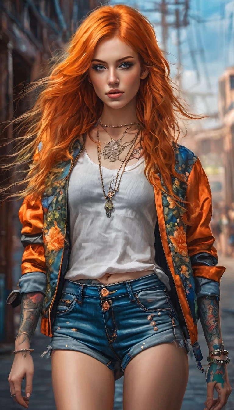 (best quality, Masterpiece, ultra detailed RAW quality), young girl with shorts and top, light and open jacket, standing on a street of a steam industrial city, perfect girl with orange hair and blue extensions, beautiful full body, beautiful abdomen, beautiful open legs, tattoos on legs and abdomen, leaving a girls' store, ((multiple perfect models)). the fabric shines as if it had its own light, flowers