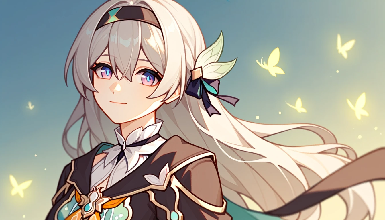 firefly_\(honkai:_star_rail\), 1girl, black_hairband, grey_hair, long_hair, purple_eyes, black_jacket, long_sleeves, hair_between_eyes, white_shirt, very_long_hair