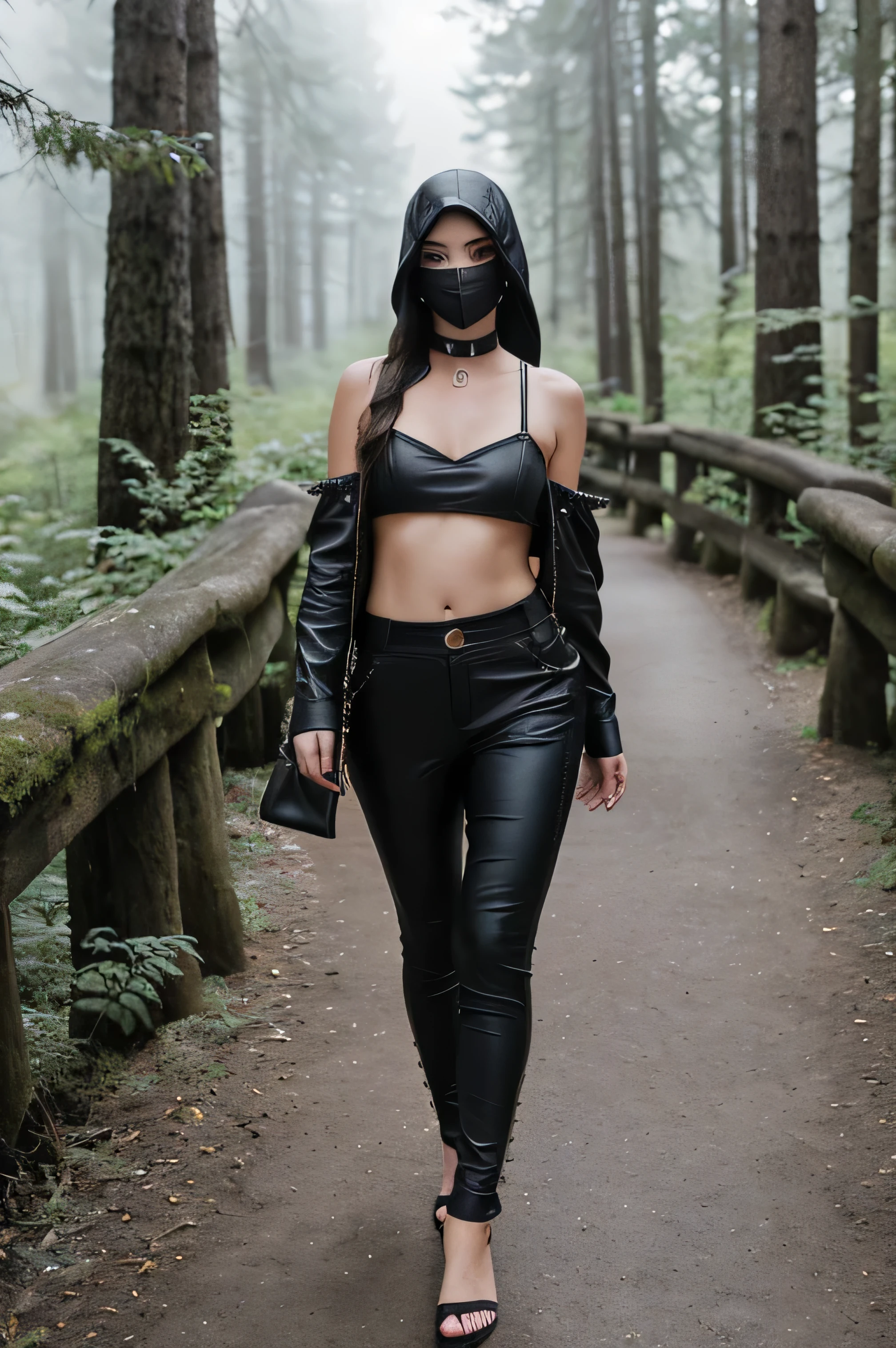 Image of a 20 year old gothic girl (standing_stop) full body, blue hair (with bangs and short in bright and strong tone), Perfect face, pale skin, Masterpiece, GOOD, Leather Clothes (navel that shows the abdomen and navel together with tight pants(that covers the entire legs up to the ankles) matching in black), layer (with hood and a brooch), barefoot_without shoes (black painted nails), along with accessories(like a choker with leather strap type spikes and cross-shaped earrings), a mask (Muzzle_leather shaped mask_vinyl skin that covers the bridge of the nose to under the chin)and makeup(lips, black eyeliner and eyelashes and metallic gray eyeshadow) In a forest_autumn(on a path, tall trees, cloudy and humid weather at midday)