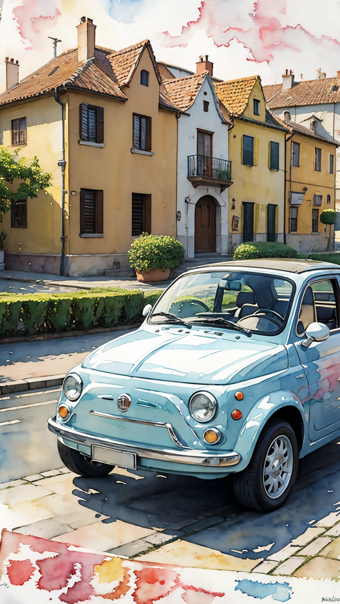(masterpiece:1.2, Highest quality),(Very detailed),(((watercolor))),8K,wallpaper,Cream-colored Fiat 500,Italian cityscape,blue sky,(((Ghibli style))),透明watercolor