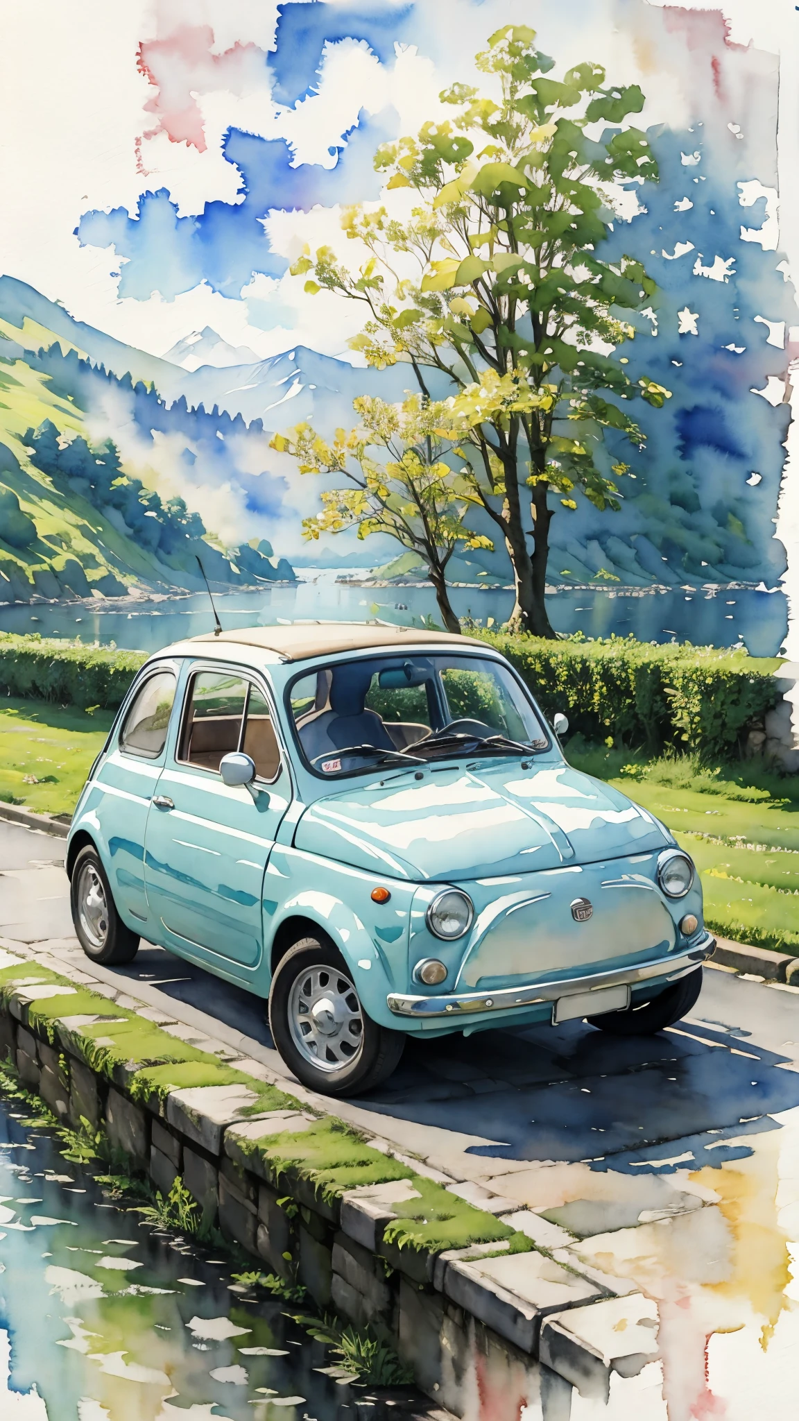 (masterpiece:1.2, Highest quality),(Very detailed),(((watercolor))),8K,wallpaper,Cream-colored Fiat 500,Fiat 500 running on Riverside Road,blue sky,(((Ghibli style))),透明watercolor
