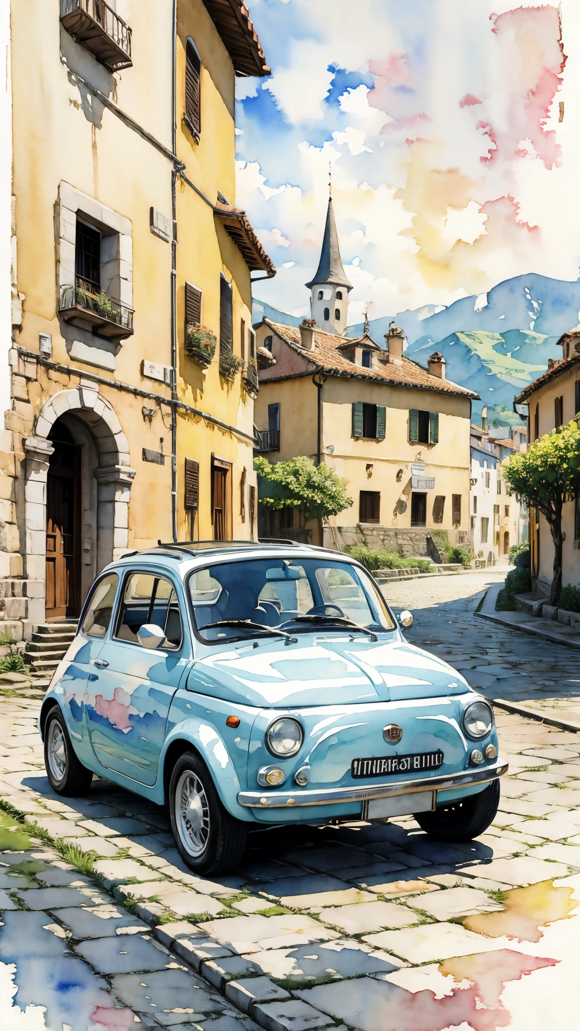 (masterpiece:1.2, Highest quality),(Very detailed),(((watercolor))),8K,wallpaper,Cream-colored Fiat 500,Castle of Cagliostro,blue sky,(((Ghibli style))),透明watercolor