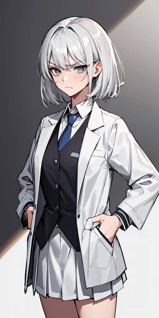 (absurdres, 8k, 4k, masterpiece, hyper extreme detailed:1.2), solo, 1girl, front view, perfect face, 1girl, portrait, perfect anatomy, cowboy shot, solo, standing, Female, Mature Female, short hair, white hair, white skirt, button shirt, white vest, gray tie, tired, fatigue, annoyed, dissatisfied, arms in front, holding phone in right hand, left hand on hip, bored, science, smart, genius, intelligent, scientist, lab_coat, white labcoat, swept bangs, bored, frown, gray eyes, silver eyes, lab background, room background, best anatomy, standing, half body, closed inner jacket, White Skirt, short
