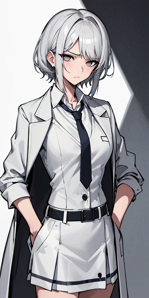 (absurdres, 8k, 4k, masterpiece, hyper extreme detailed:1.2), solo, 1girl, front view, perfect face, 1girl, portrait, perfect ???????, cowboy shot, solo, standing, Female, Mature Female, short hair, white hair, white skirt, button shirt, white vest, gray tie, tired, fatigue, annoyed, dissatisfied, arms in front, holding phone in right hand, left hand on hip, bored, science, smart, genius, intelligent, scientist, lab_coat, white labcoat, swept bangs, bored, frown, gray eyes, silver eyes, lab background, room background, best anatomy, standing, half body, closed inner jacket, White Skirt, short
