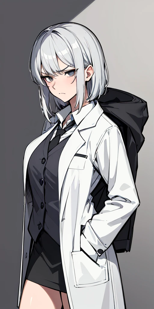 (absurdres, 8k, 4k, masterpiece, hyper extreme detailed:1.2), solo, 1girl, front view, perfect face, 1girl, portrait, perfect anatomy, cowboy shot, solo, standing, Female, Mature Female, short hair, white hair, white skirt, button shirt, white vest, gray tie, tired, fatigue, annoyed, dissatisfied, arms in front, holding phone in right hand, left hand on hip, bored, science, smart, genius, intelligent, scientist, lab_coat, white labcoat, swept bangs, bored, frown, gray eyes, silver eyes, lab background, room background, best anatomy, standing, half body, closed inner jacket, White Skirt, short
