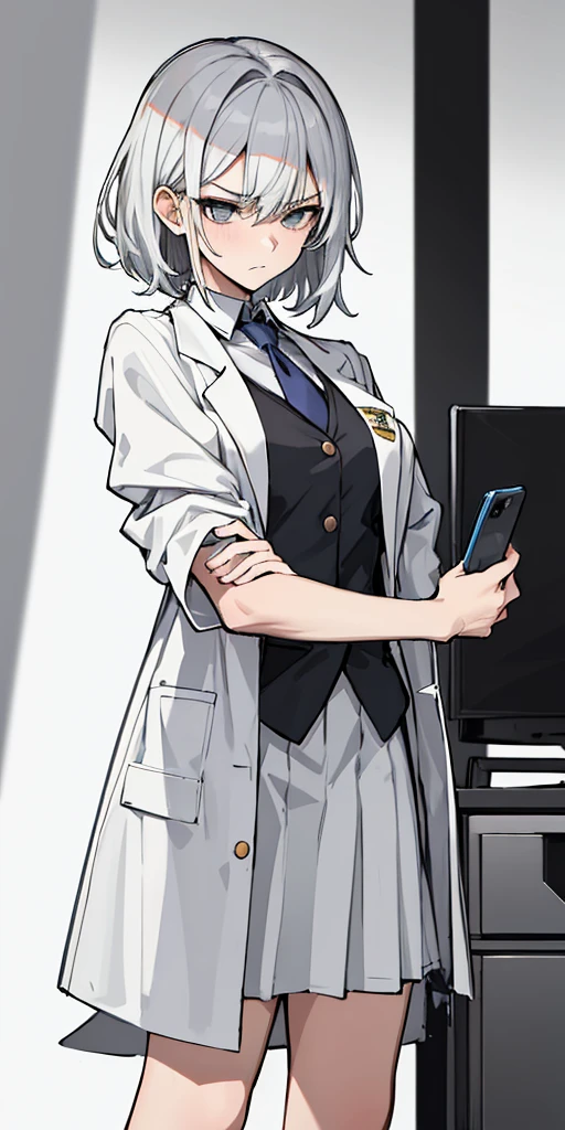 (absurdres, 8k, 4k, masterpiece, hyper extreme detailed:1.2), solo, 1girl, front view, perfect face, 1girl, portrait, perfect anatomy, cowboy shot, solo, standing, Female, Mature Female, short hair, white hair, white skirt, button shirt, white vest, gray tie, tired, fatigue, annoyed, dissatisfied, arms in front, holding phone in right hand, left hand on hip, bored, science, smart, genius, intelligent, scientist, lab_coat, white labcoat, swept bangs, bored, frown, gray eyes, silver eyes, lab background, room background, best anatomy, standing, half body, closed inner jacket, White Skirt, short