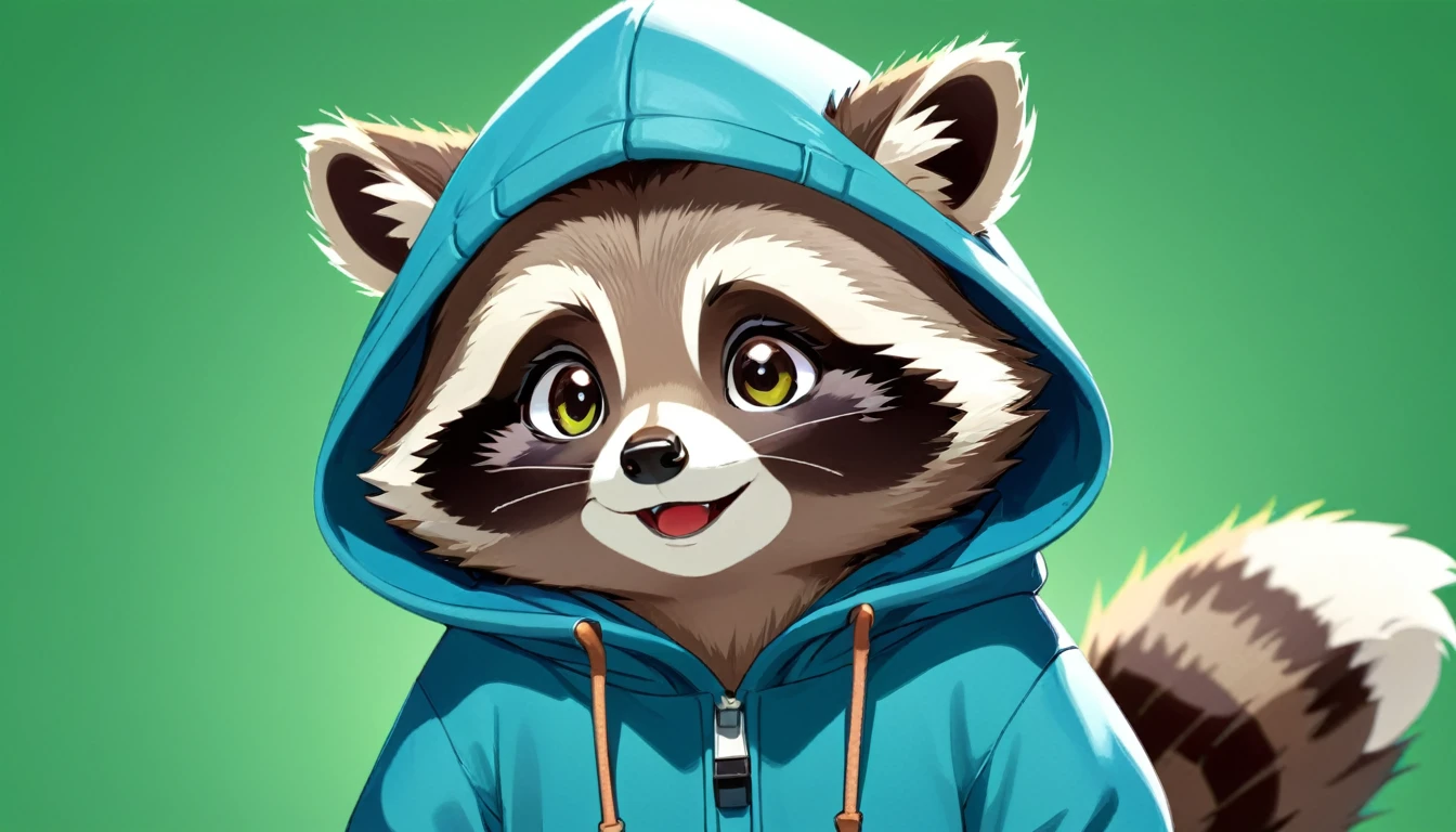 raccoon　A-I-U-E-O mouth shape５Close-up of the face of a species、Warm brown、Japanese animation style、　cute、Standing posture、Bipedal、The fur is fluffy、Background Green Screen、Wearing a large blue hoodie、