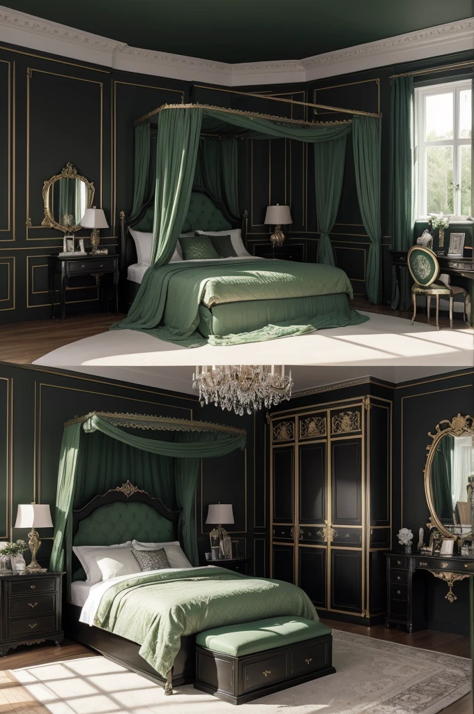 create a large and spacious bedroom, a feminine castle-type room but with a dark color palette of black and green, with double bed and dressing table