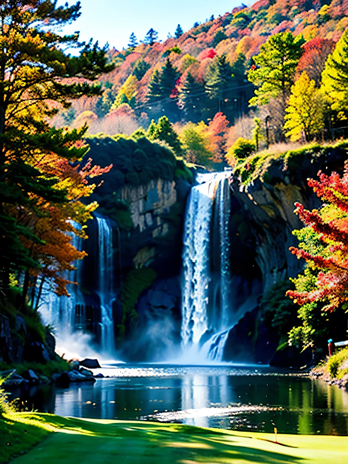 waterfall, lake, red maple tree,golf course,Golfers, Maple leaf, autumn, (masterpiece),((very detailed)), (very detailed CG 일러스트레이션),(expressionless), (best quality:1.2), high quality texture, intricate details, detailed texture, high quality shadows, cinematic light, depth of field, light source contrast, aspect,20's, (Ulzzang-6500-v1.1:0.5),