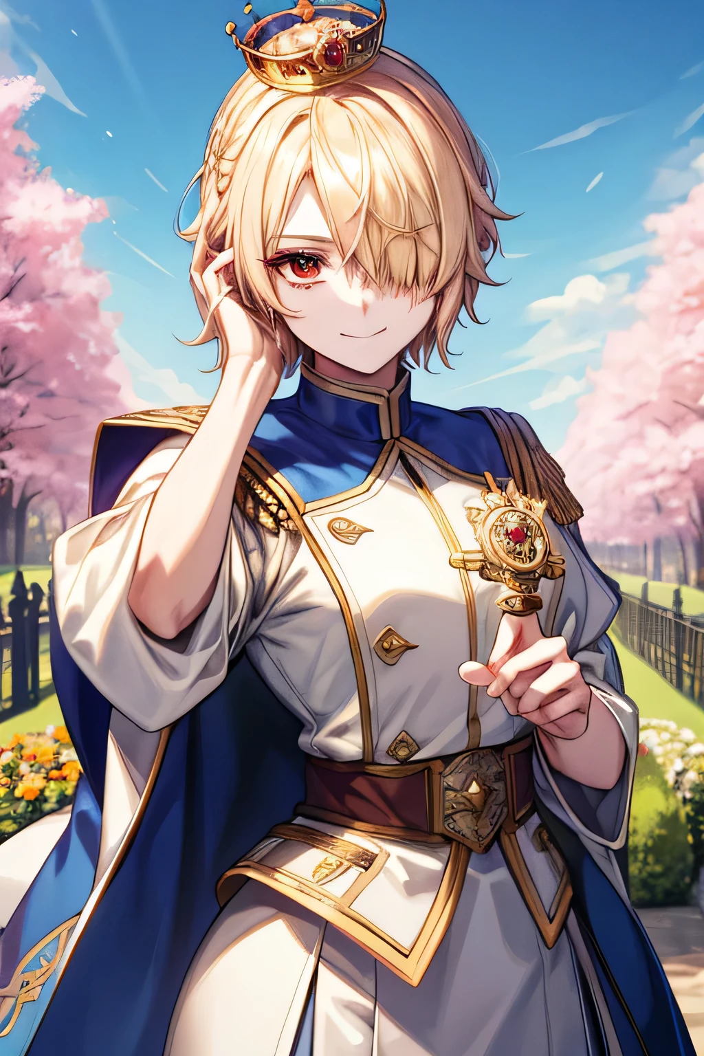 ((masterpiece:1.2、Highest quality))、1 female、((Blonde Short Hair))、(((I'm wearing a crown)))、Red eyes、Long eyelashes、White suit、Fantasy、uniform、Royalty、garden、Blooming Flowers、sunlight、Fantastic Light and Shadow、Scenery of the Royal Palace、Highly detailed face、Invincible Smile、Dynamic depiction、Tホテルのmasterpiece,Highest quality,As-、Short, straight, dark yellow hair,shirt, half-naked,Dressed in strict royal attire, White and gold royal outfit, Handsome anime pose, A beautiful feminine face、Center Section、amount、Sexy、expensive、Handsome、Beautiful shape、Best Style、Cool look、Model pose、(Barrette)、(((Hair on one eye)))、(((One eye is hidden by hair)))、(((Blonde Short Hairー))),(Red eyes)、Mao Sen Moon Song、