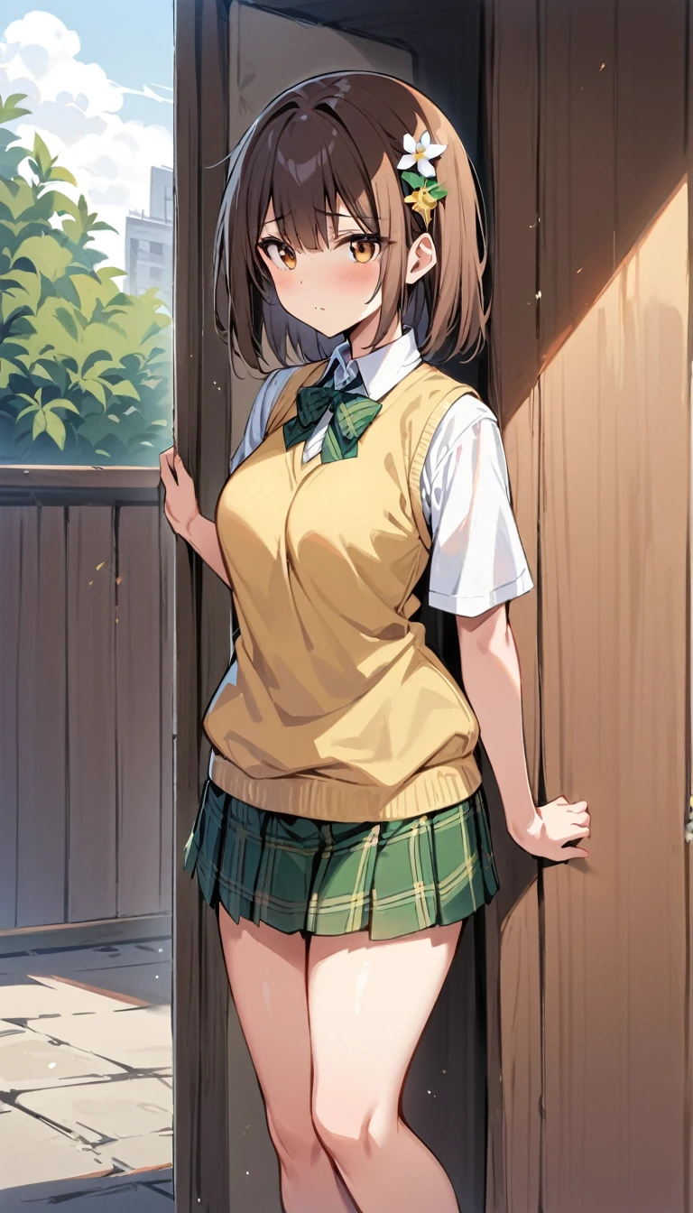 (Masterpiece, Best Quality:1.2), 1 girl, Alone,standing_to divide, Mikan Yuuki, Brown eyes, Brown hair, hair ornament,wide,green plaid skirt, Sainan High , , White shirt, yellow sweater vest