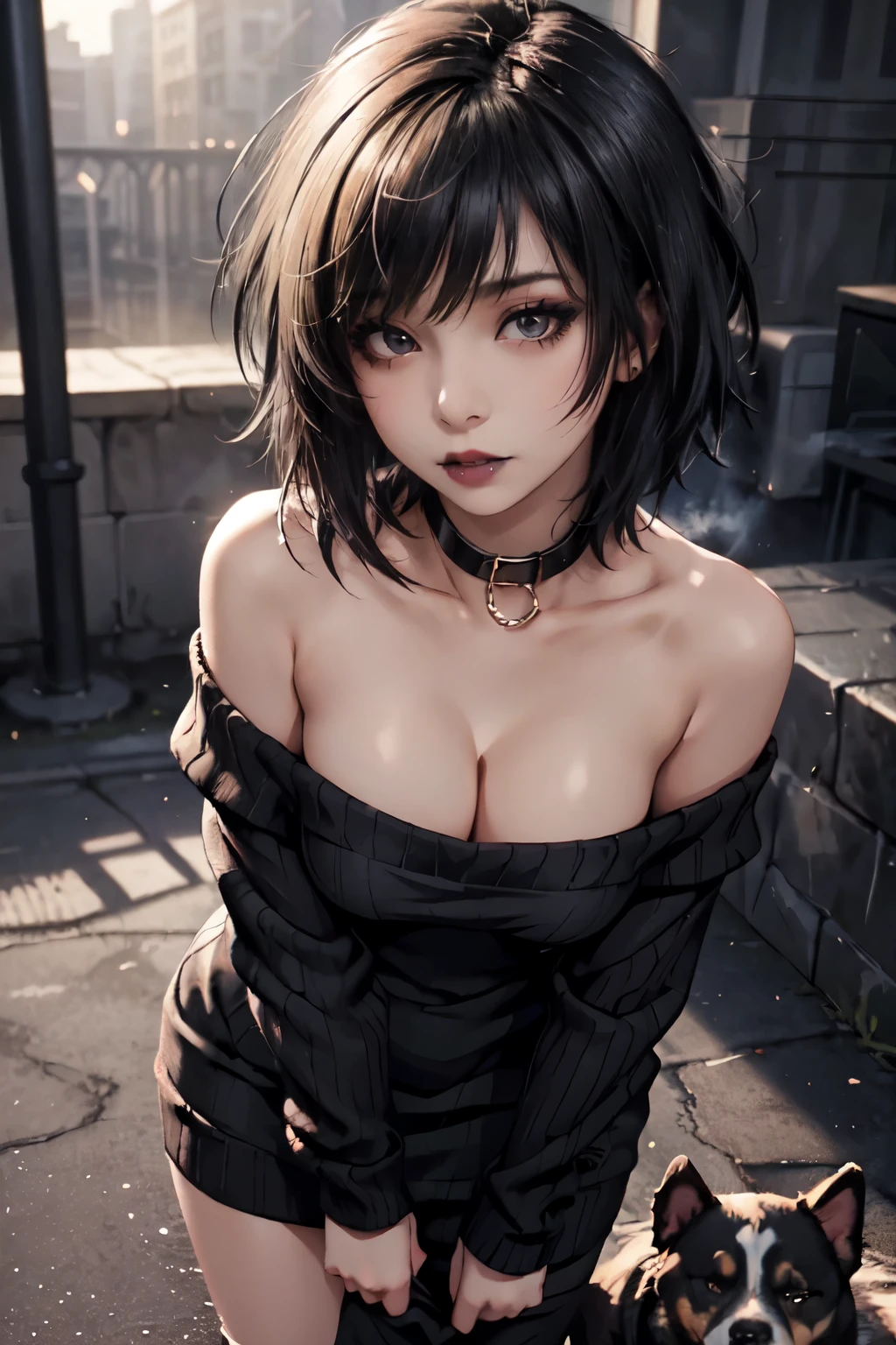 Girl, woman, emo_hairstyle, black lipstick, dog collar, eyeliner, eye shadow, smoky eyes, realistic lighting, short hair, cleavage, standing up, sweater dress, off shoulder, thighighs, strapless, shiny skin.