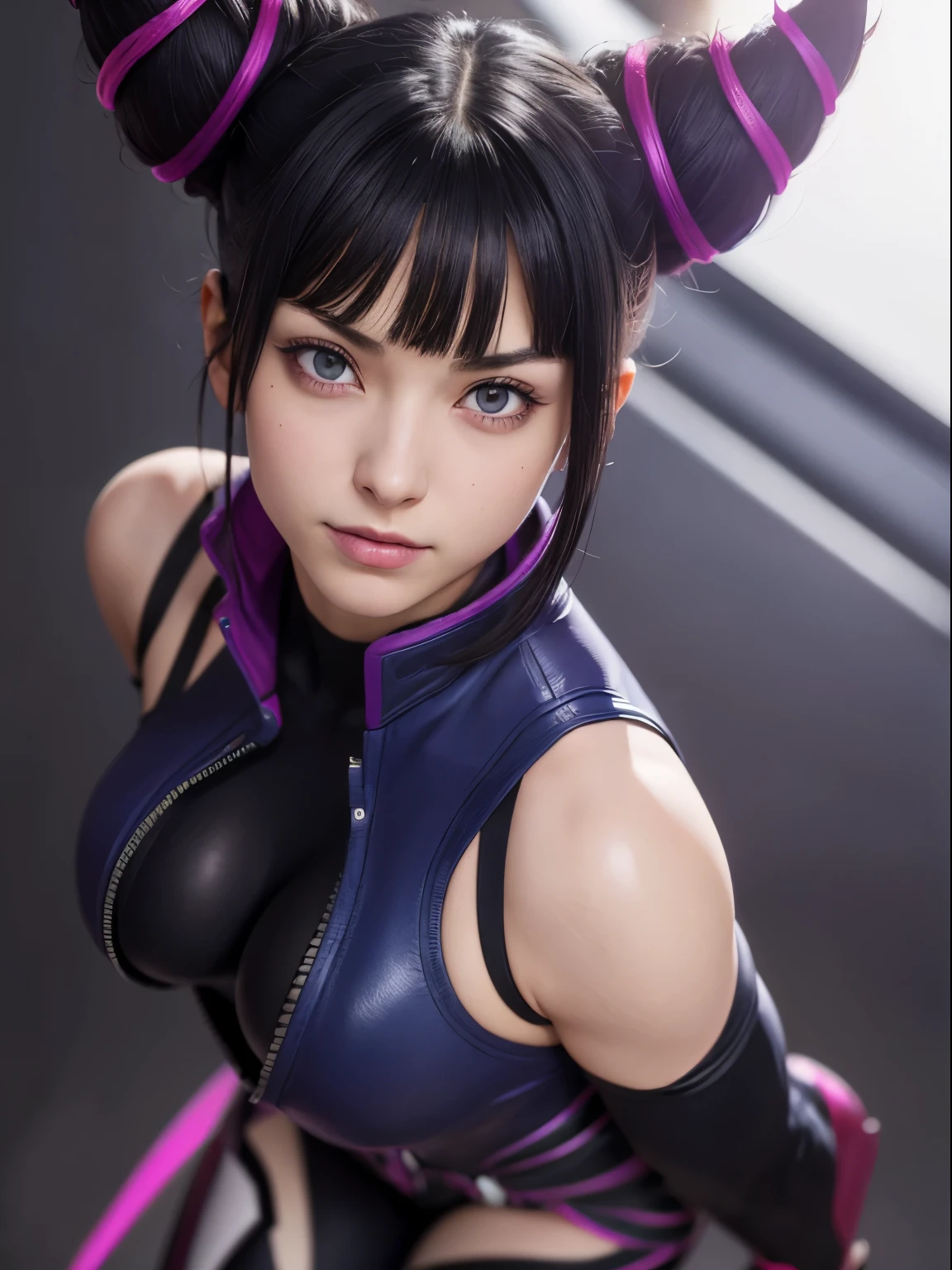 jurims, sfv, hair horns, seductive smile, (masterpiece, best quality:1.4), (standing:1.1), full body, (upside-down), (1girl), solo, detailed background, depth of field, volumetric lighting, sharp focus, absurdres, realistic proportions, good anatomy, (realistic, hyperrealistic:1.4), 16k hdr,