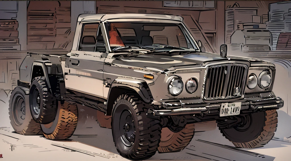 ((Best Quality)), ((masterpiece)), Highly detailed, 8K, red 6x6 heavy pickup truck, red dirty matte paint, square headlights, boxy angles, boxy 80s design, square headlights, (peterbilt influence:0.7), bright showroom, plain mesa background, cel-shaded, line art, bold black outlines, comic style, inkpunk, bright photoshoot lighting, ((isometric symmetry:1.2))