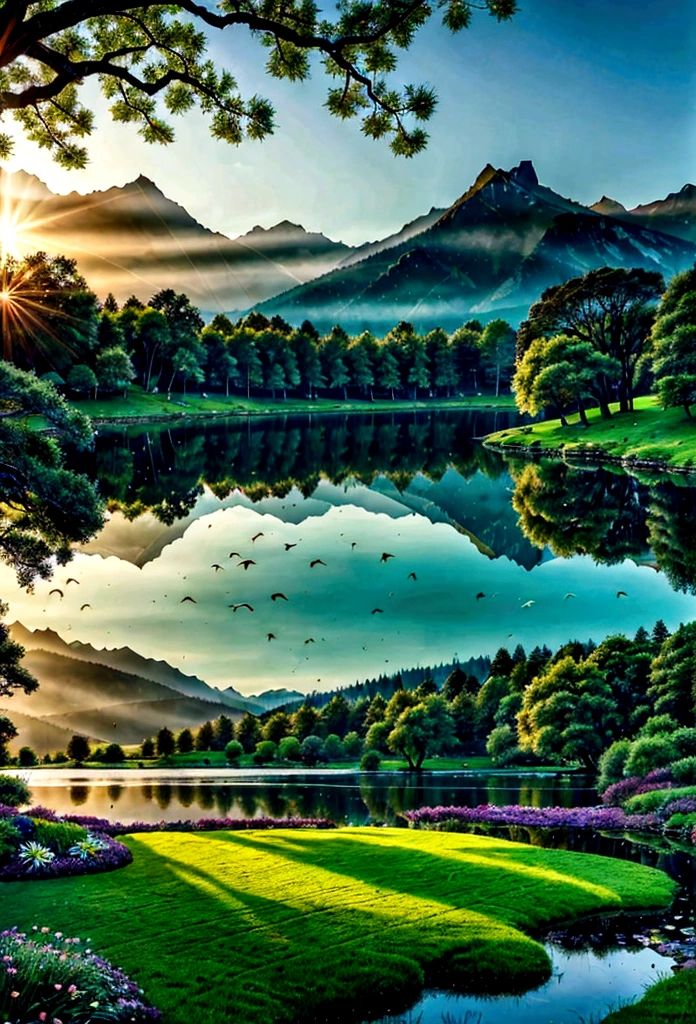 Explore the serenity of a green meadow. As you walk down the flower path, a majestic tree stands next to you, its branches spreading like protective hugs. In the distance, a crystal-clear lake reflects the sky and surrounding mountains. Goldfish swim playfully, creating glimpses of life in this natural oasis. Breathe deeply and feel the connection with nature in this magical corner.