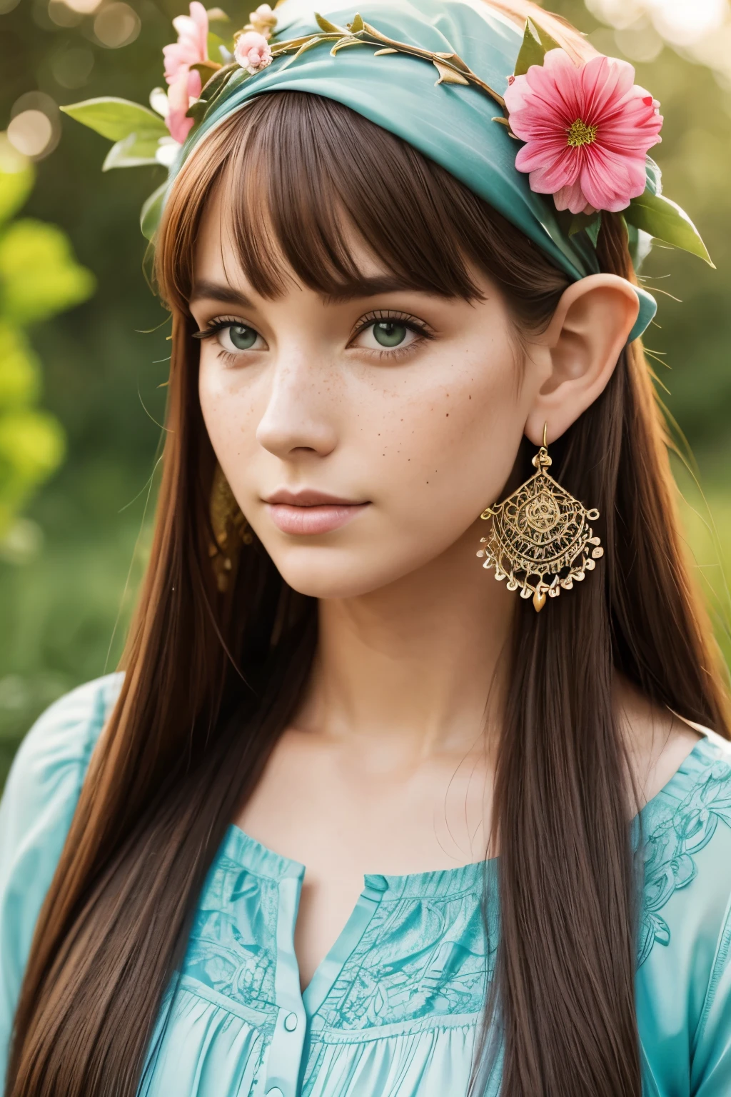 (water colour: 1.2), elf princess, flowers, freckles, bangss, redheadwear, long hair, greeneyes, hair between the eyes, flowers earrings, nblurry background, high resolution  