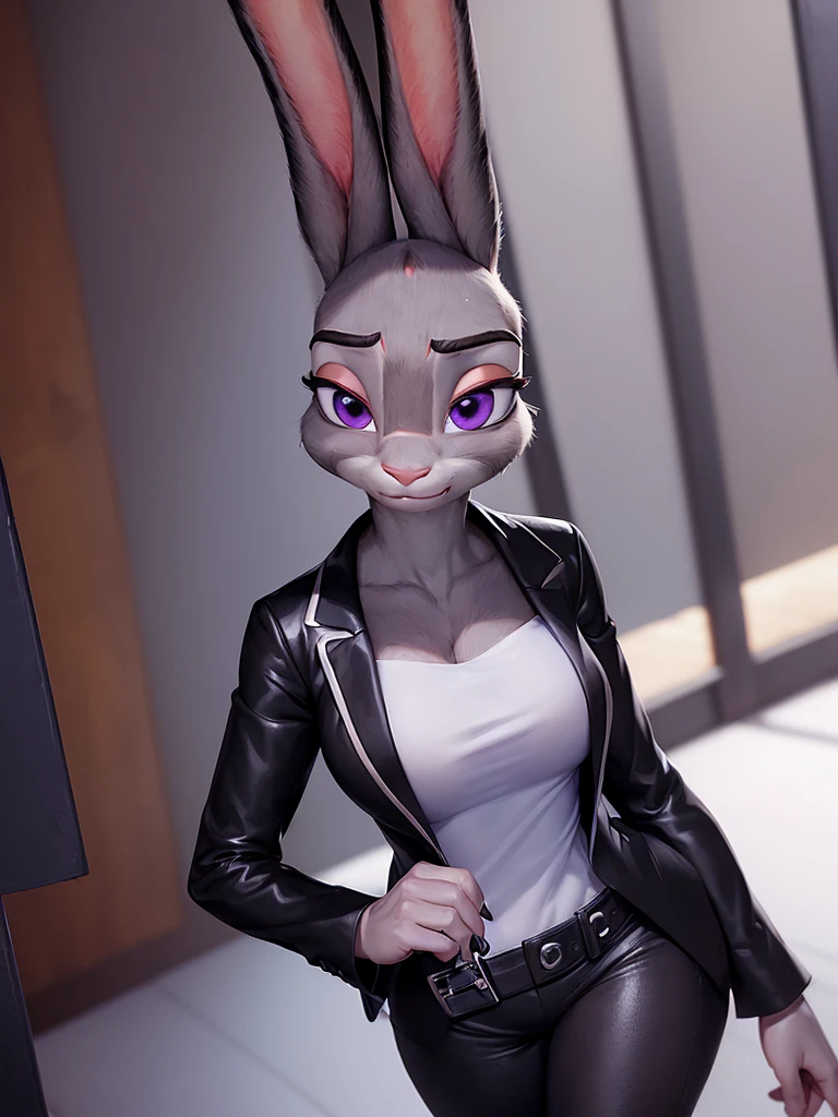 best quality,
masterpiece,
super detail,
3D CG,
Pixar,
Portrait,
(solo:1.5),
(1Lady:1.5),
furry,
fine coat,
7 head and body,
(Model is JudyHopps:1.4),
(long ears like a rabbit:0.8),
purple eyes,
((Black straight hair)),
((see-through bangs)),
((wispy bangs)), 
proportion is NamiFinal, 
office lady,
office suit,
((White blouse)),
((Black blazer jacket)),
((Black pants suit)),
(clothes made of cotton:1.5),
facial expression is smile,
(body is made of wool fabric:1.3),
(body is gray with fluffy and fluffy:1.3),
(skin is wool fabric with fluffy and fluffy:1.3),