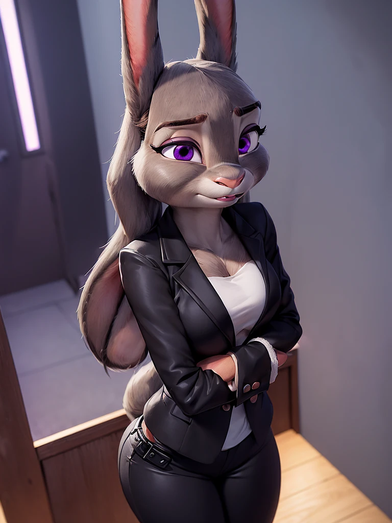 best quality,
masterpiece,
super detail,
3D CG,
Pixar,
Portrait,
(solo:1.5),
(1Lady:1.5),
furry,
fine coat,
7 head and body,
(Model is JudyHopps:1.4),
(long ears like a rabbit:0.8),
purple eyes,
((Black straight hair)),
((see-through bangs)),
((wispy bangs)),
proportion is NamiFinal,
office lady,
office suit,
((White blouse)),
((Black blazer jacket)),
((Black pants suit)),
(clothes made of cotton:1.5),
facial expression is smile,
(body is made of wool fabric:1.3),
(body is gray with fluffy and fluffy:1.3),
(skin is wool fabric with fluffy and fluffy:1.3),