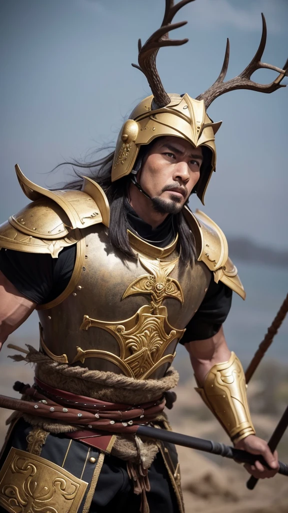 Tall and very muscular build.
A facial expression that combines bravery and composure.
A helmet adorned with decorations resembling deer antlers.
Heavy, elaborate armor.
Holding his famous spear, 'Tonbogiri.'
The background should depict a battlefield scene, showing him in the midst of combat, exuding a sense of grandeur and authority."

