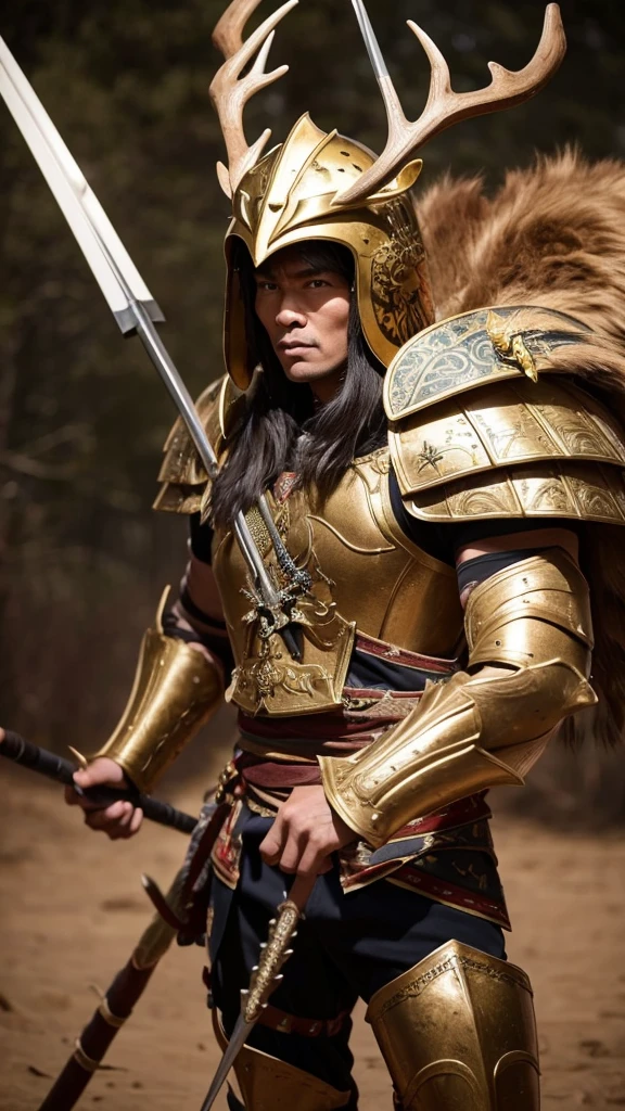 Tall and very muscular build.
A facial expression that combines bravery and composure.
A helmet adorned with decorations resembling deer antlers.
Heavy, elaborate armor.
Holding his famous spear, 'Tonbogiri.'
The background should depict a battlefield scene, showing him in the midst of combat, exuding a sense of grandeur and authority."


